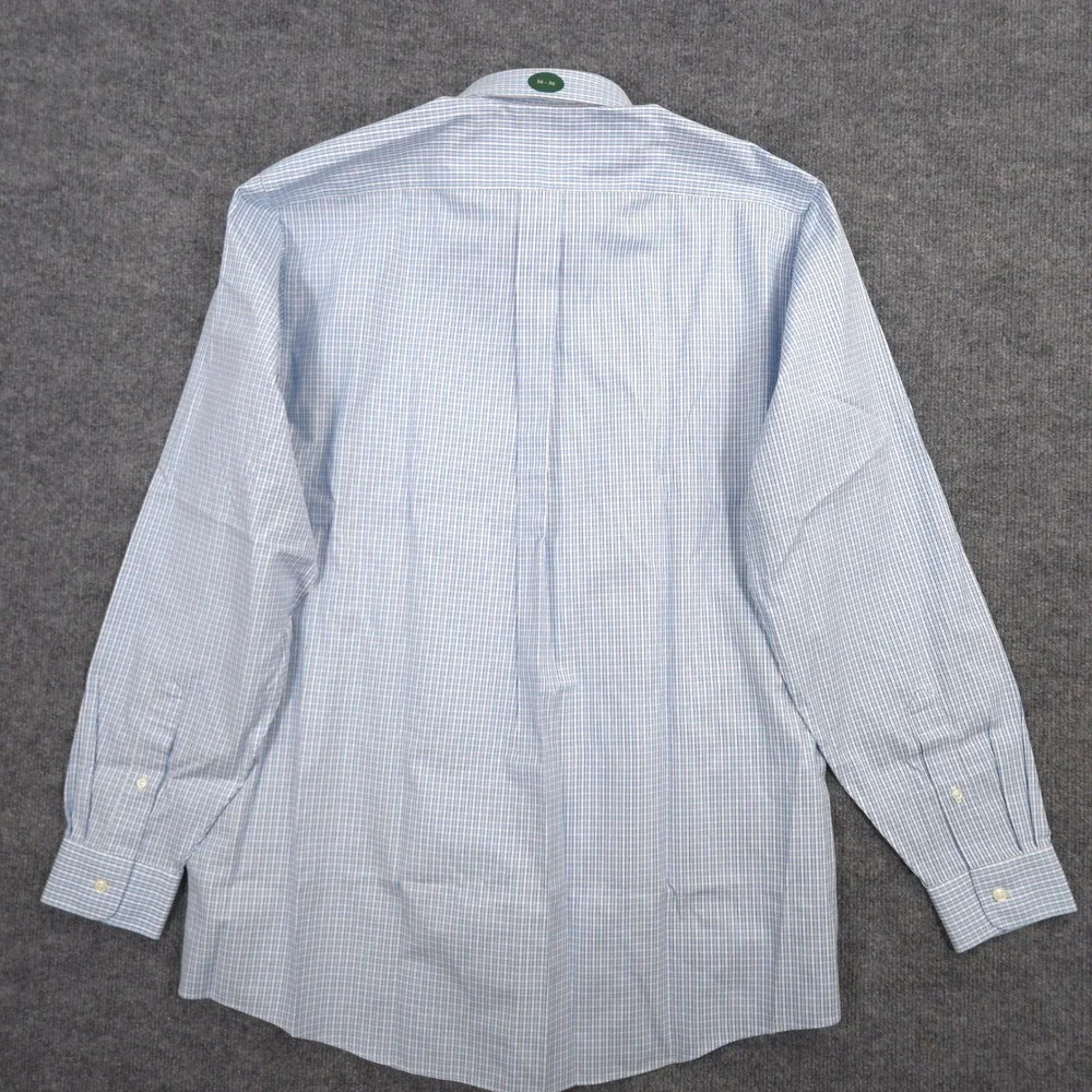 LL Bean Oxford Dress Shirt Mens 16-36 Blue White Tattersail Check Wrinkle-Free